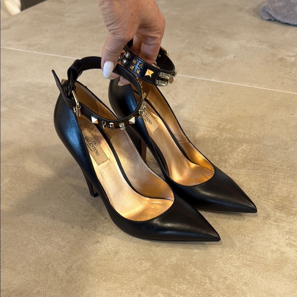 Valentino Black Leather Pointed Toe Stud Ankle Strap Heels